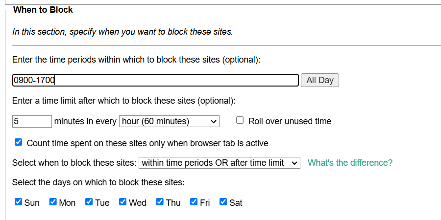 قسم "متى تحظر" في إضافات LeechBlock لمتصفح Chrome.