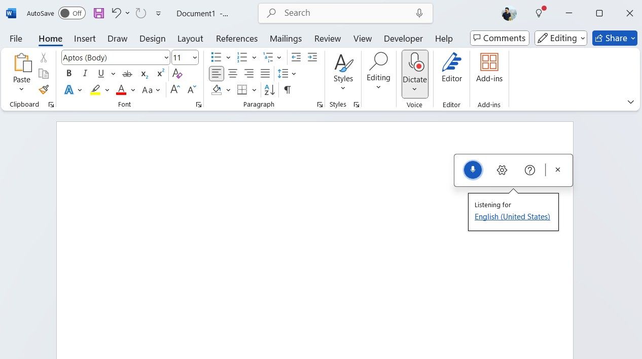 Word document with dictation tool