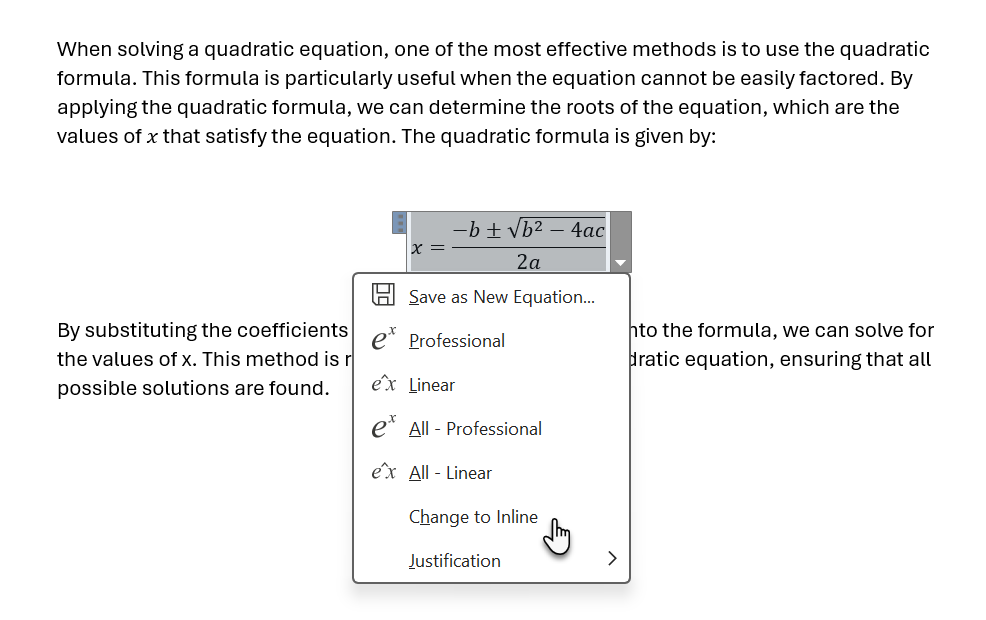 Displaying an Inline Equation in Microsoft Word