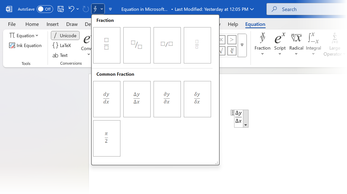 Word Equation Quick Access Button