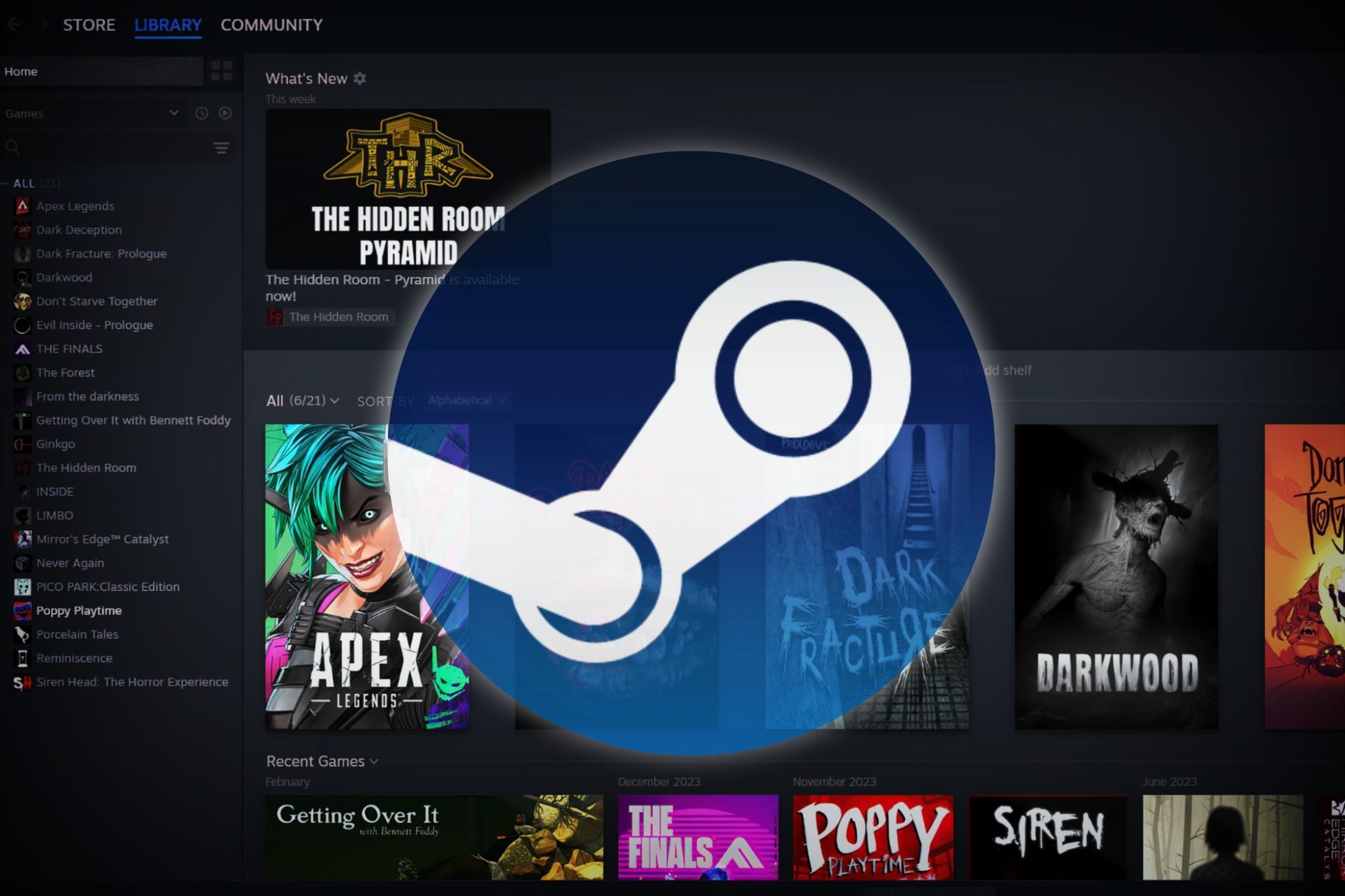 شعار Steam مُغطى على شاشة مكتبة ألعاب، يُسلط الضوء على مجموعة متنوعة من ألعاب الفيديو المتوفرة على المنصة.